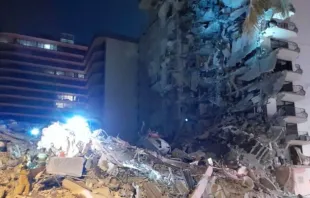 Rubble from partial collapse of the Champlain Towers condominium complex, Surfside, Florida, June 24, 2021. Catholic Charities of the Archdiocese of Miami